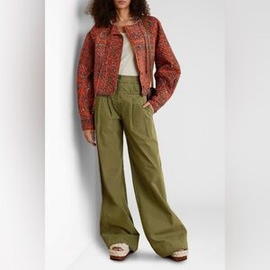 Ulla Johnson Constance Cotton Canvas Utility Wide Leg Pants 10 green luxury high